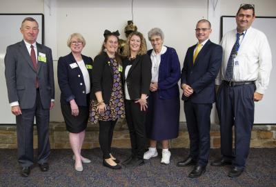 L-R: Mike Maxwell - EVP AE for D.W. Steele Chapter, Linda McMahon - President VA State, Megan Tucker - 2021 AFA National TOY, Melissa Pore, Sister Catherine Hill of the Immaculate Heart of Mary, Dr. Joseph Vorbach - Diocese of Arlington Superintendent of Schools, Frank Roque - Bishop O'Connell High School Principal